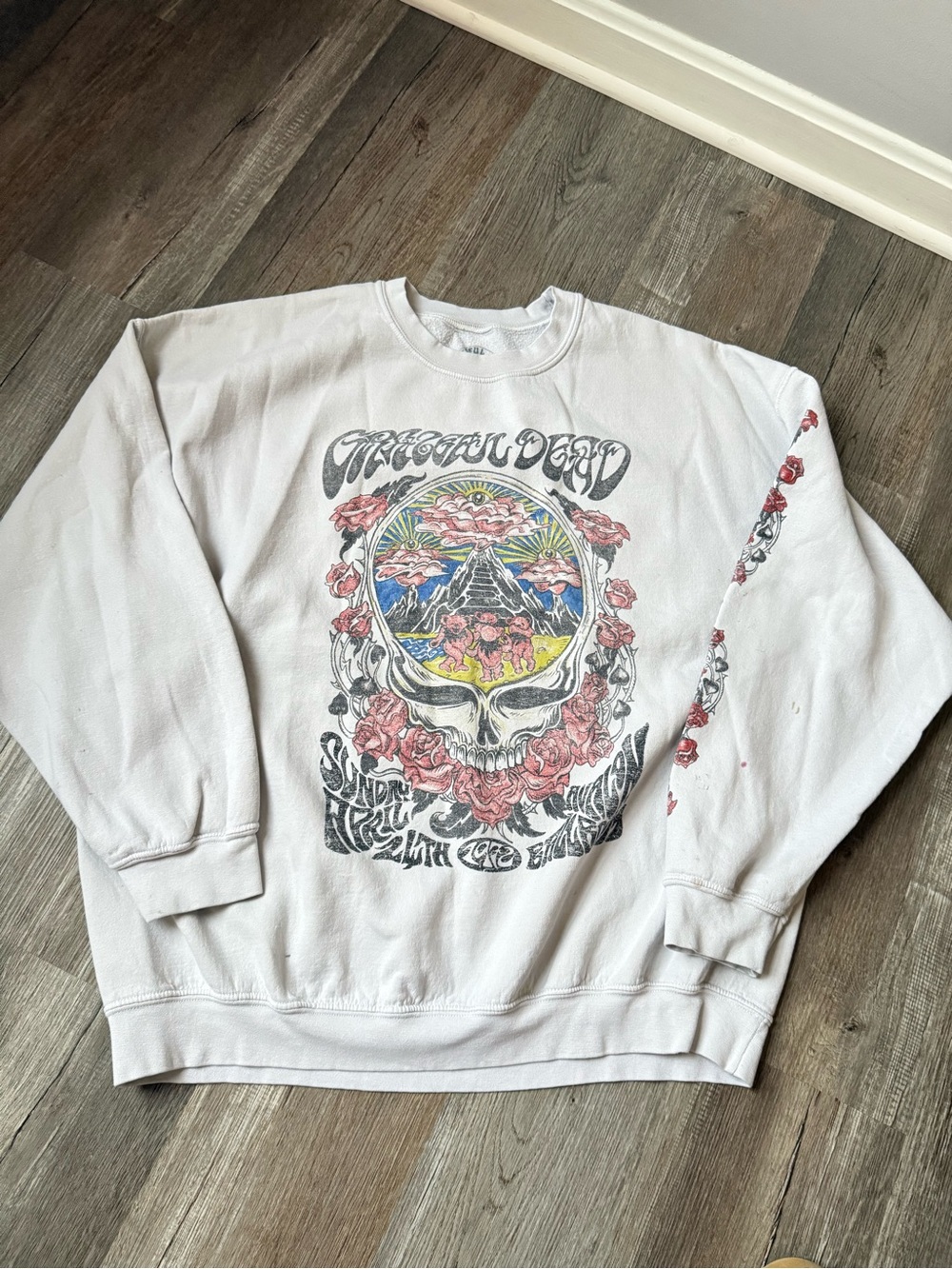 Grateful Dead Crewneck Sweatshirt Multicolor Skull Rose Graphic Trippy Beige S M
